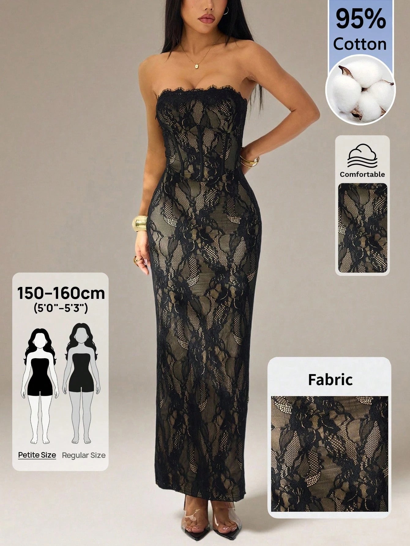 PETITE Women's Elegant Black Floral Lace Square Neck Bustier Tight