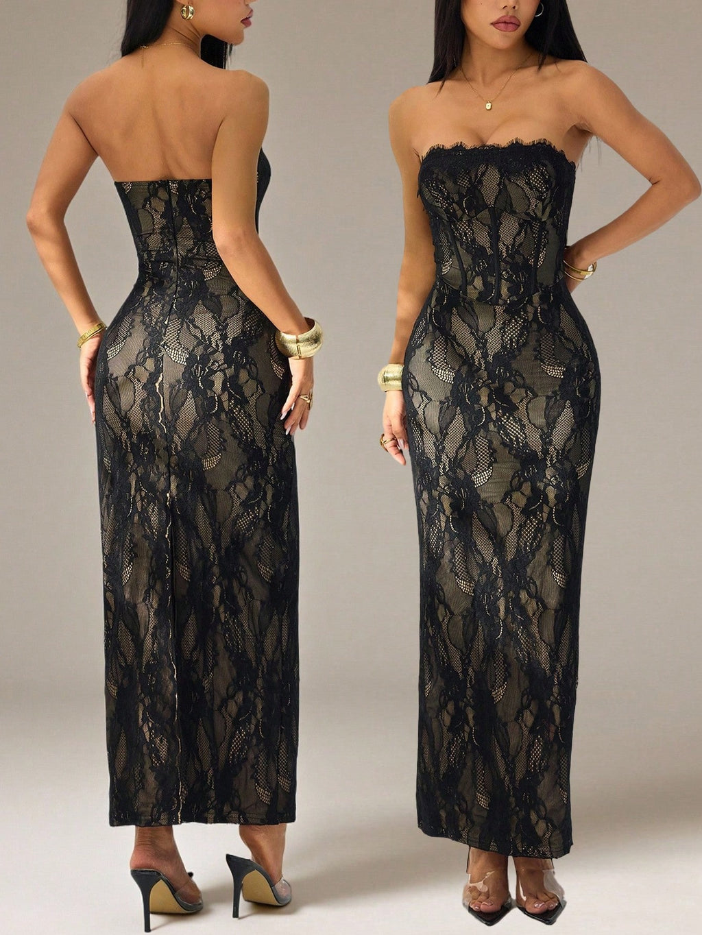 PETITE Women's Elegant Black Floral Lace Square Neck Bustier Tight