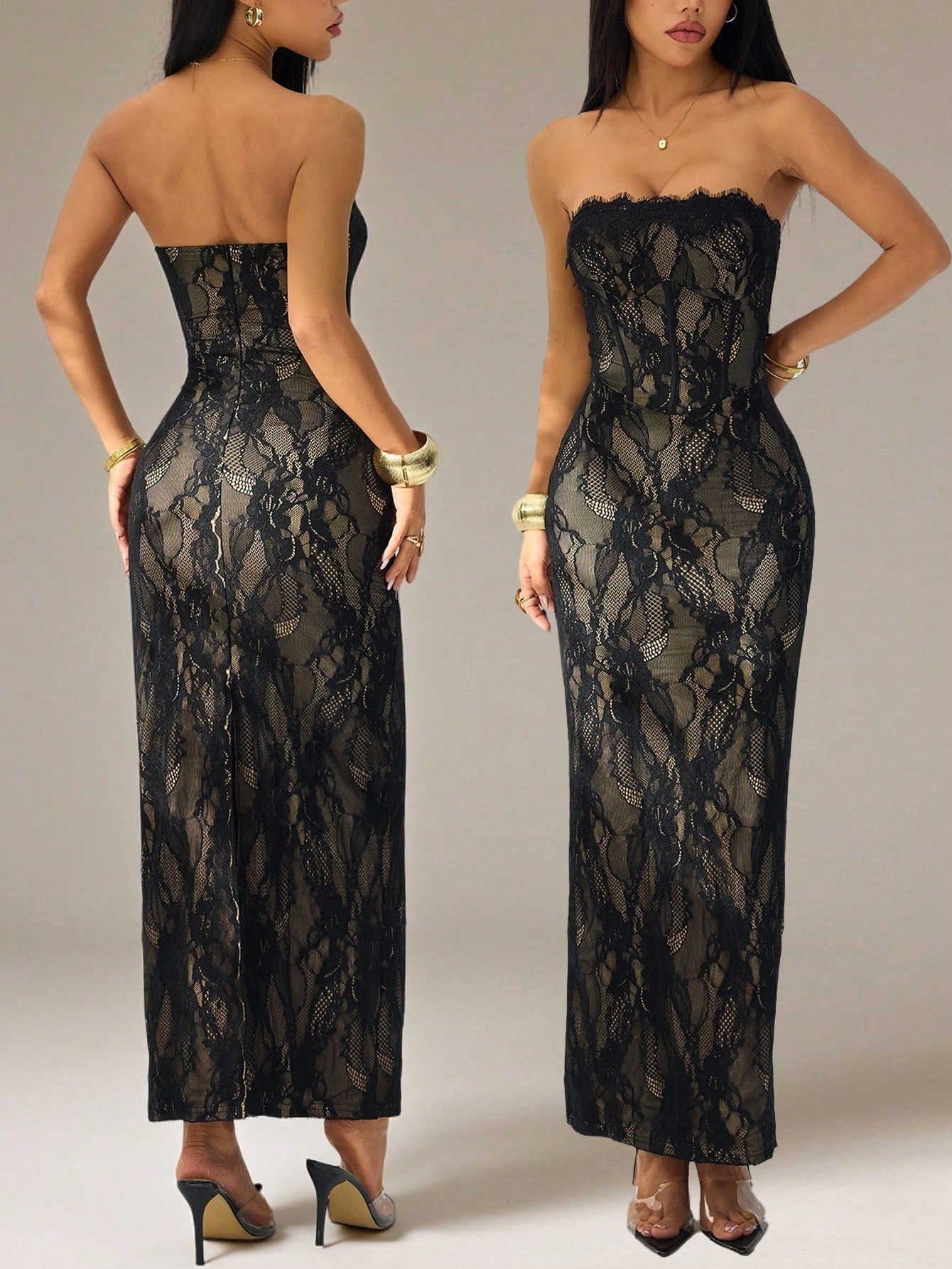 PETITE Women's Elegant Black Floral Lace Square Neck Bustier Tight