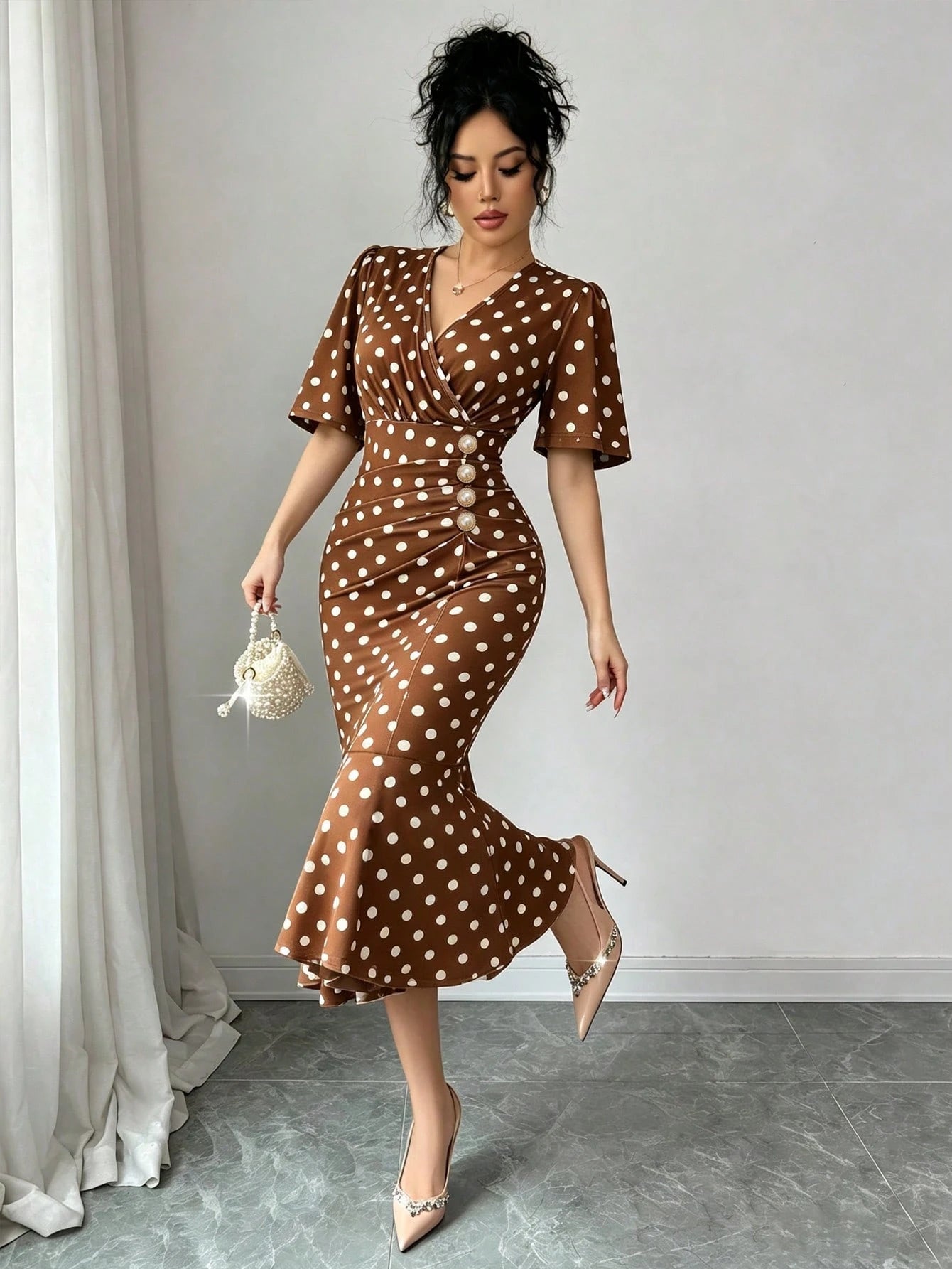 Elenzga Elegant White Lace Printed V-Neck Short Sleeve Bodycon