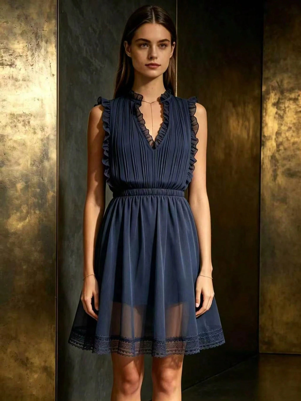 Ruffle V Neck Romper For Women,Sleeveless Pleated Chiffon Lace Trim Casual Beach Party Short Playsuit - image 2
