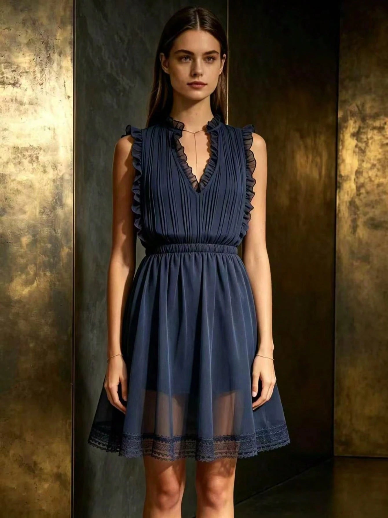 Ruffle V Neck Romper For Women,Sleeveless Pleated Chiffon Lace Trim Casual Beach Party Short Playsuit - image 2