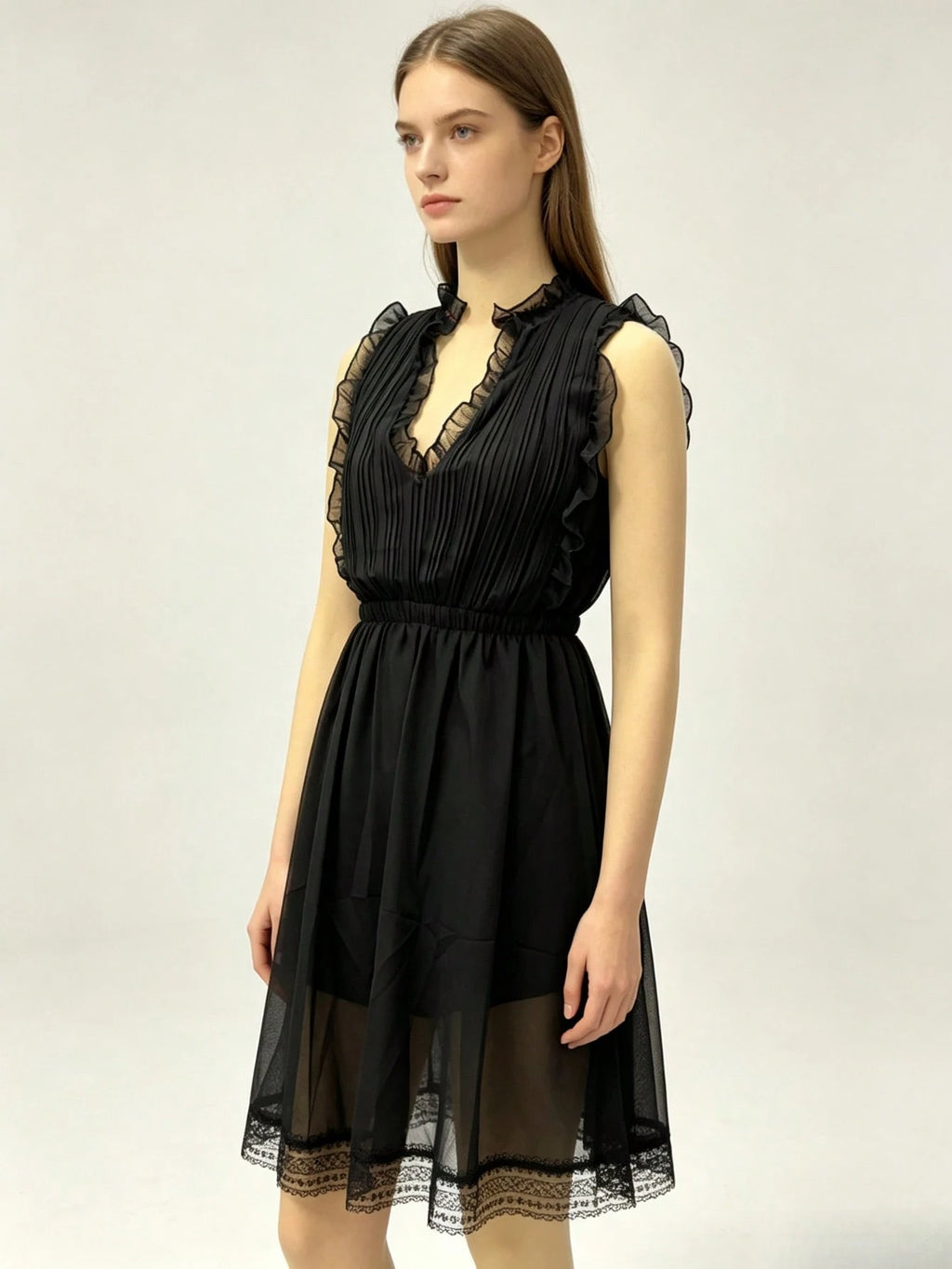 Ruffle V Neck Romper For Women,Sleeveless Pleated Chiffon Lace Trim Casual Beach Party Short Playsuit - image 8