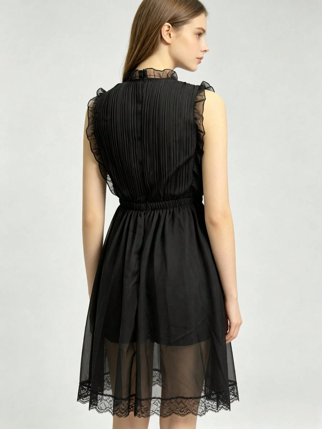 Ruffle V Neck Romper For Women,Sleeveless Pleated Chiffon Lace Trim Casual Beach Party Short Playsuit - image 9