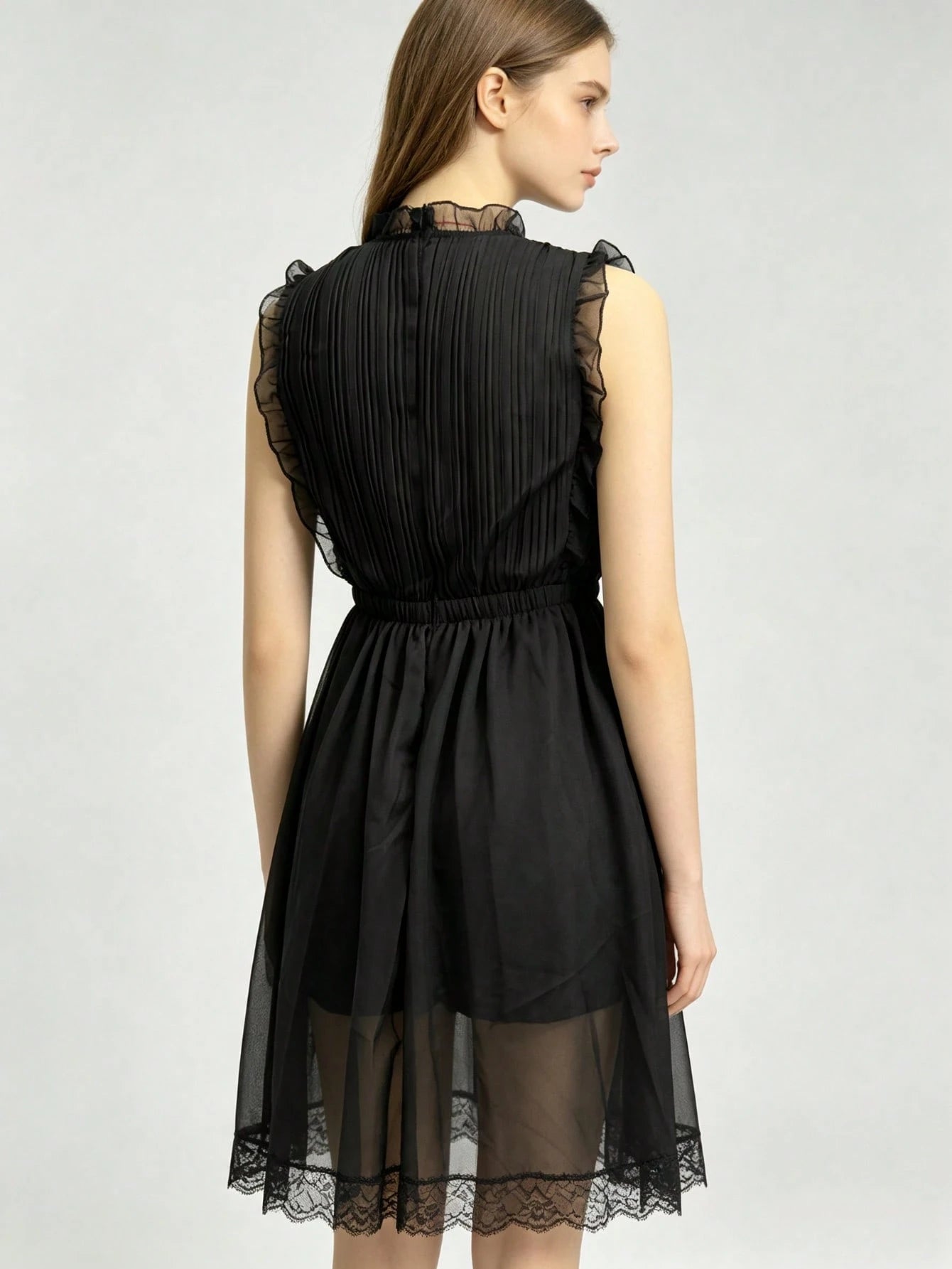 Ruffle V Neck Romper For Women,Sleeveless Pleated Chiffon Lace Trim Casual Beach Party Short Playsuit - image 9