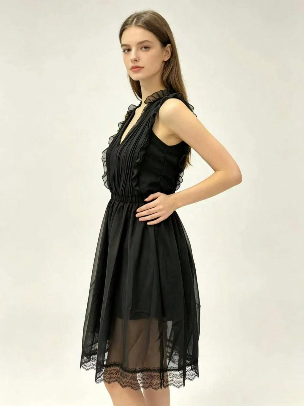 Ruffle V Neck Romper For Women,Sleeveless Pleated Chiffon Lace Trim Casual Beach Party Short Playsuit - image 10