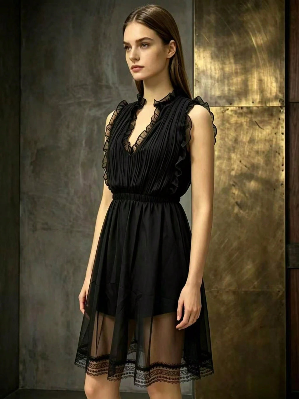 Ruffle V Neck Romper For Women,Sleeveless Pleated Chiffon Lace Trim Casual Beach Party Short Playsuit - image 7