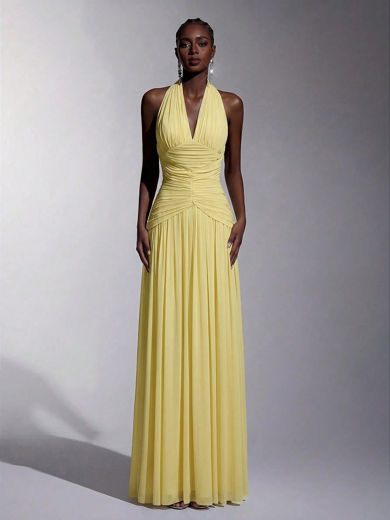 Elitara Elegant, , Fashionable Elastic Mesh Halter Neck Ruched Decor