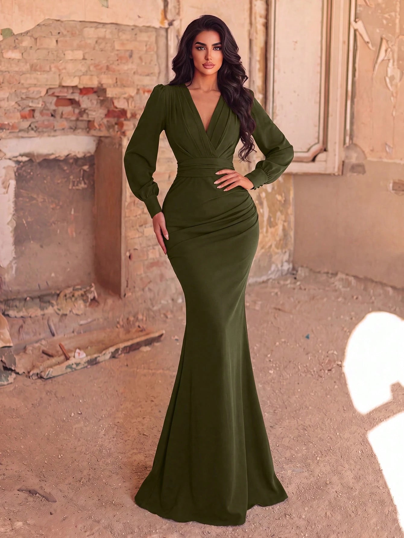 Faeriesty Elegant Chiffon Long Bridesmaid Dress, V-Neck Puff Sleeve