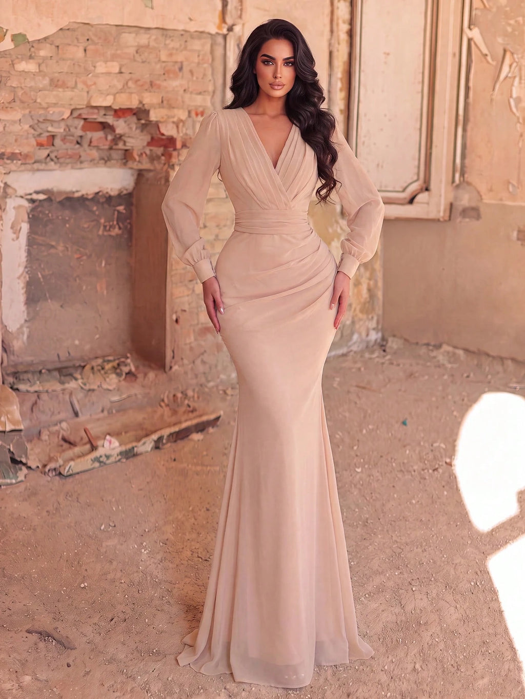 Faeriesty Elegant Chiffon Long Bridesmaid Dress, V-Neck Petal Sleeve Design With Ruffle & Satin Ribbon Wedding - image 4