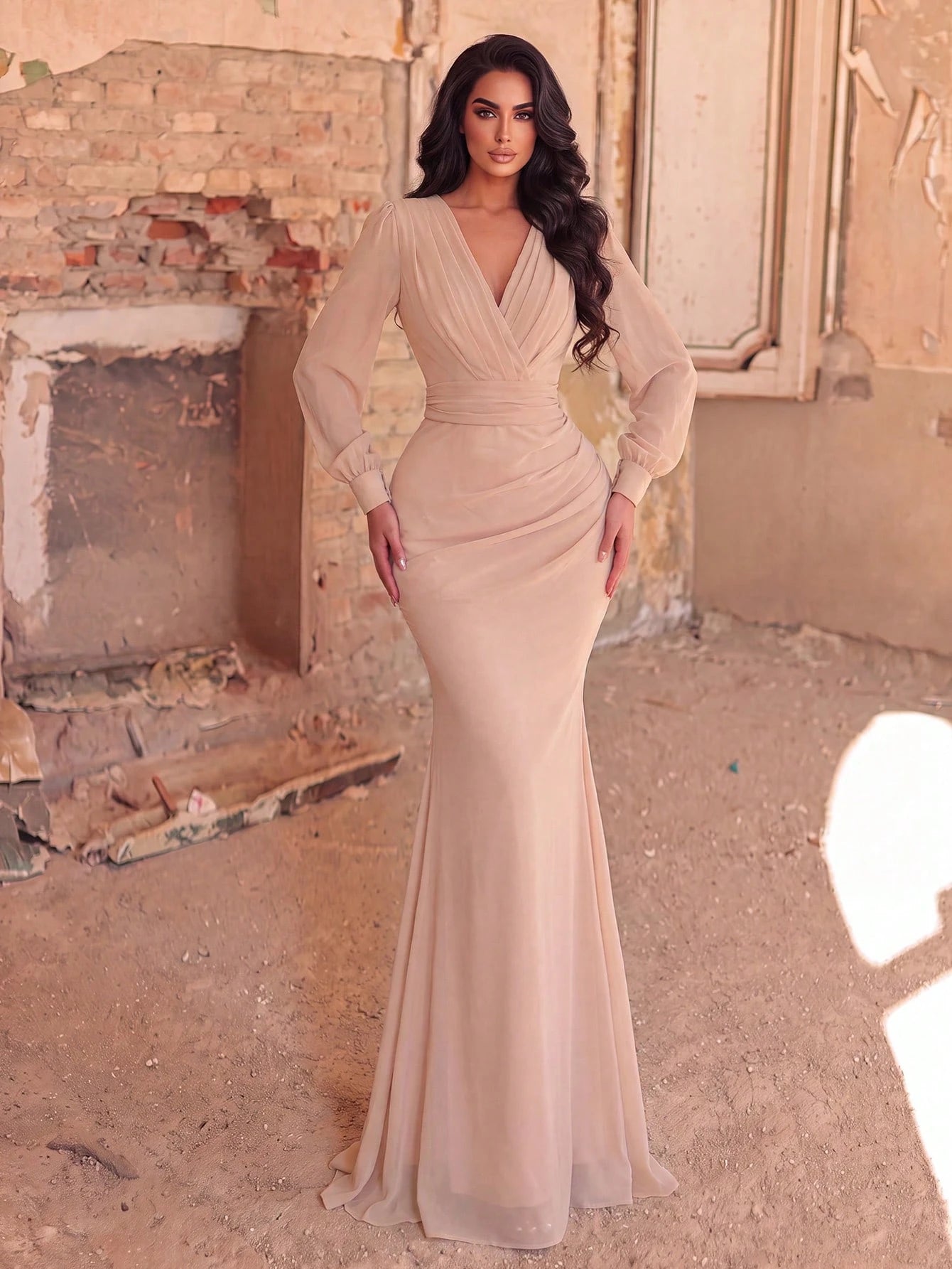 Faeriesty Elegant Chiffon Long Bridesmaid Dress, V-Neck Petal Sleeve Design With Ruffle & Satin Ribbon Wedding - image 4