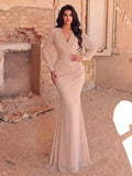 Faeriesty Elegant Chiffon Long Bridesmaid Dress, V-Neck Petal Sleeve Design With Ruffle & Satin Ribbon Wedding