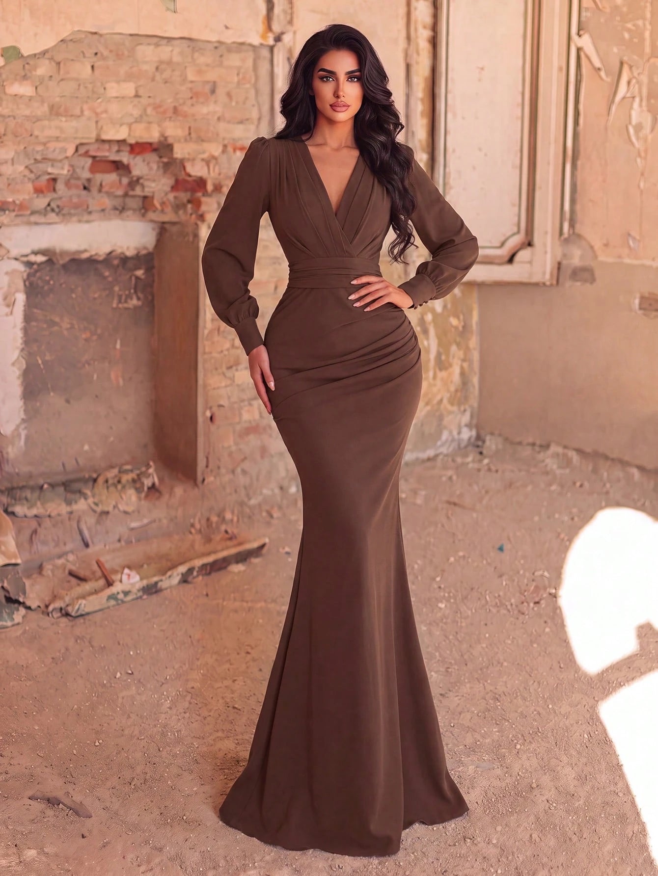Faeriesty Elegant Chiffon Long Bridesmaid Dress, V-Neck Puff Sleeve