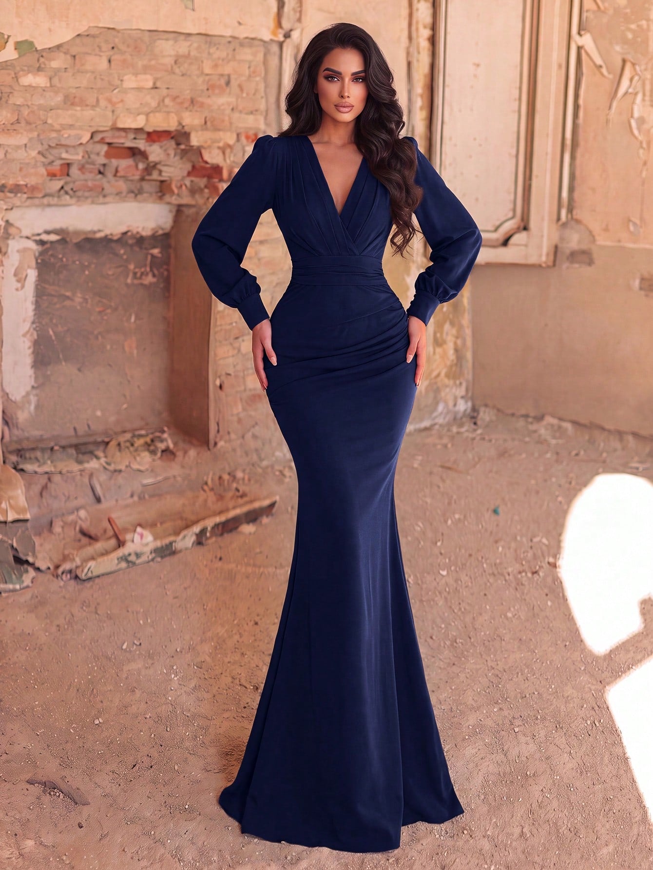 Faeriesty Elegant Chiffon Long Bridesmaid Dress, V-Neck Puff Sleeve Design With Ruffle & Satin Ribbon - image 19