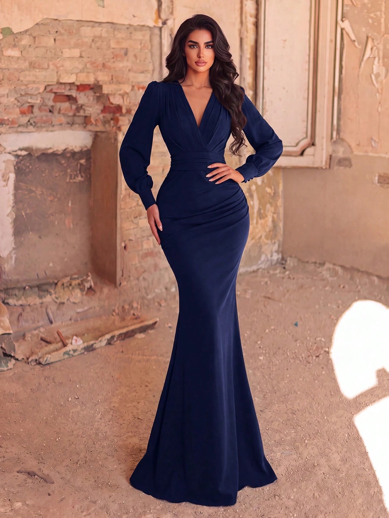 Faeriesty Elegant Chiffon Long Bridesmaid Dress, V-Neck Puff Sleeve Design With Ruffle & Satin Ribbon - image 17