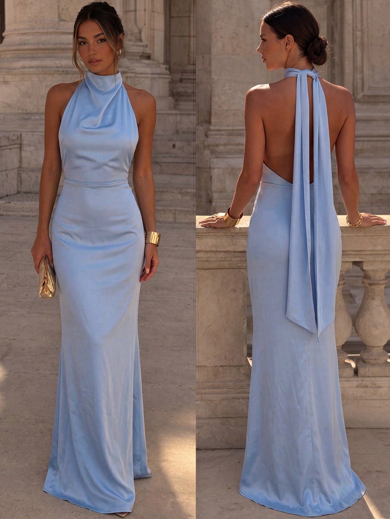 Light Blue Halter Neck Sleeveless Bridesmaid Maxi Dress, Elegant Backless Design, Woven Non-Stretch Fabric,