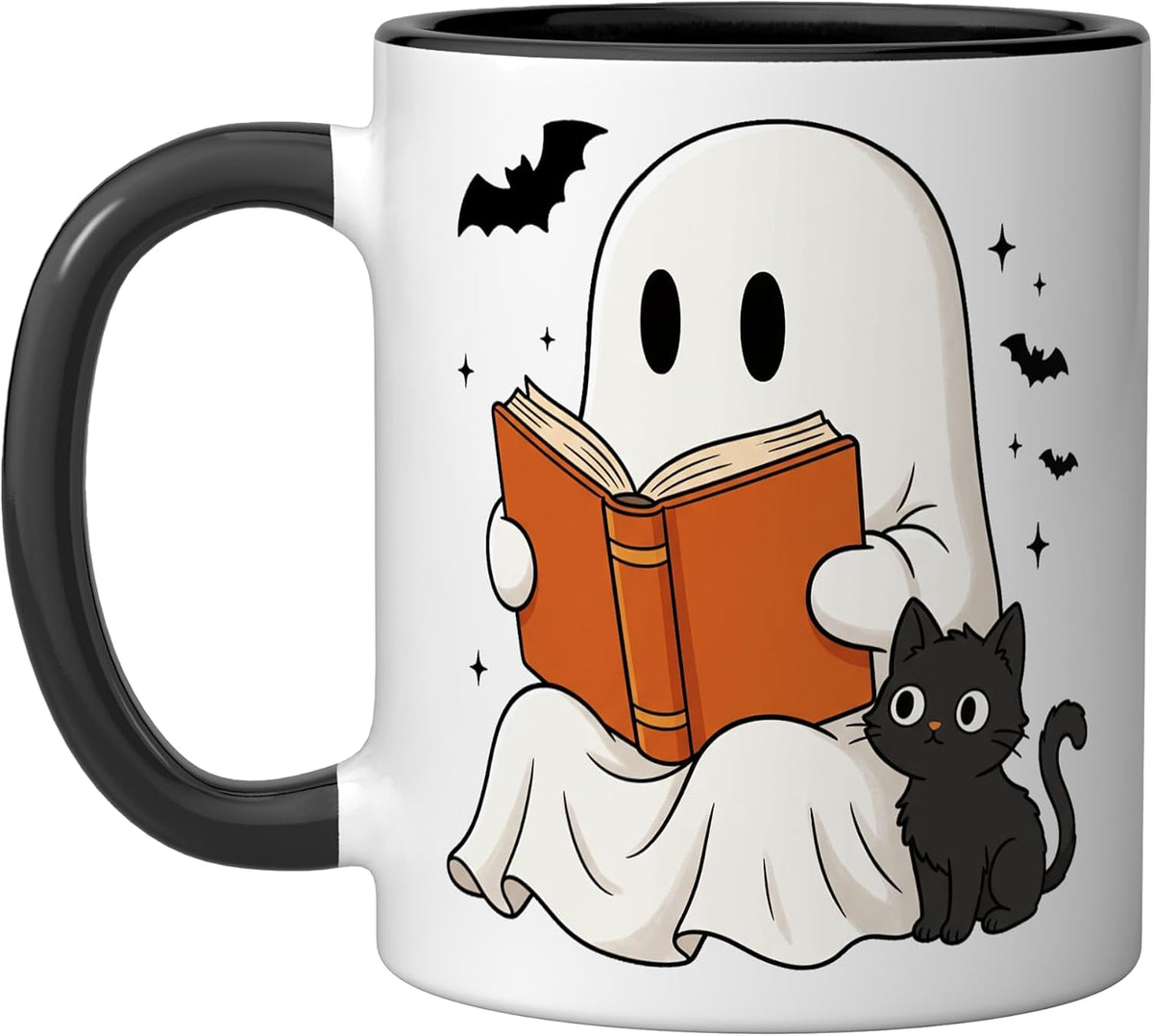 Ghost Reading Book Cat Halloween Lover Boo Ceramic Mug