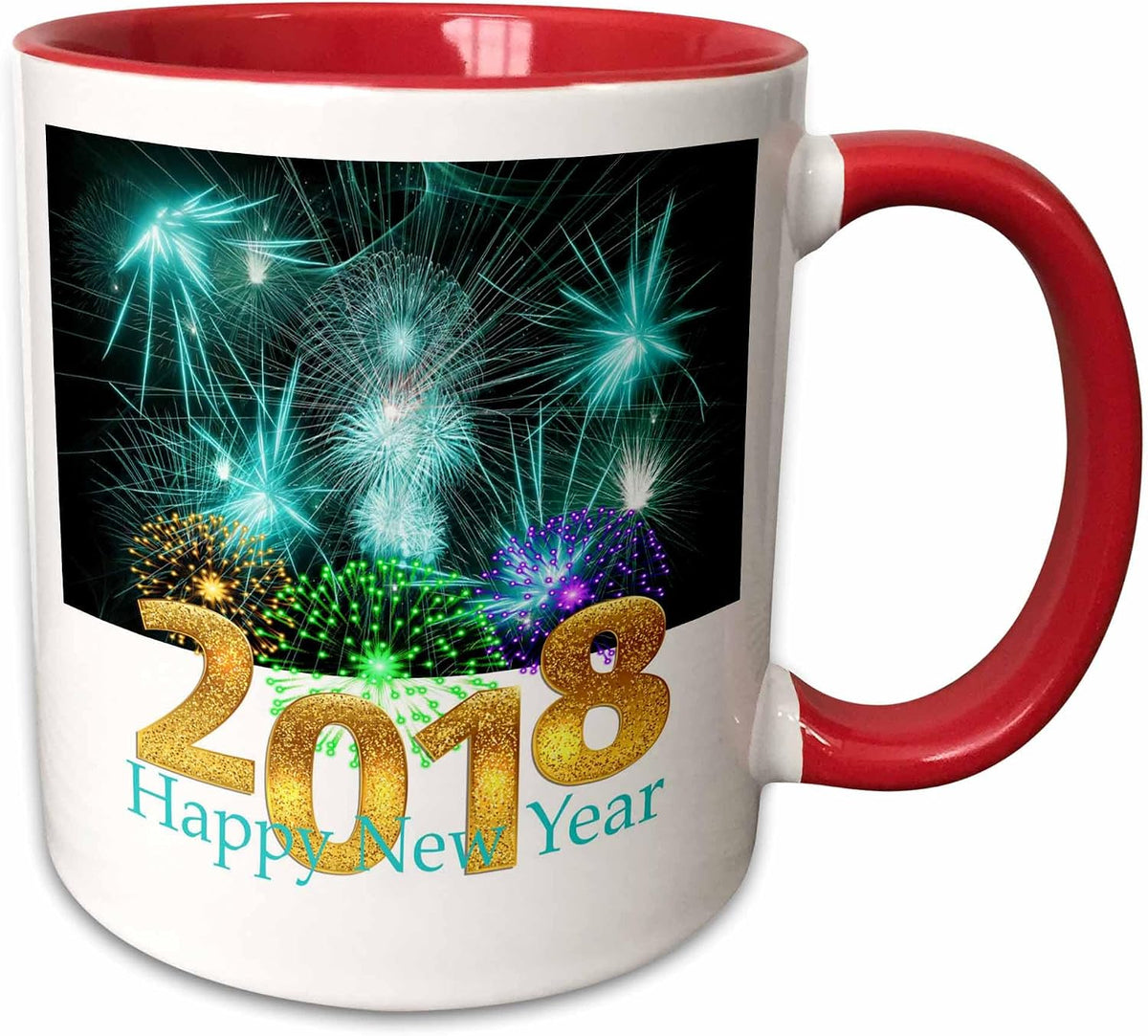 Bold Gold 2018 New Year On Aqua Fireworks Ceramic Mug