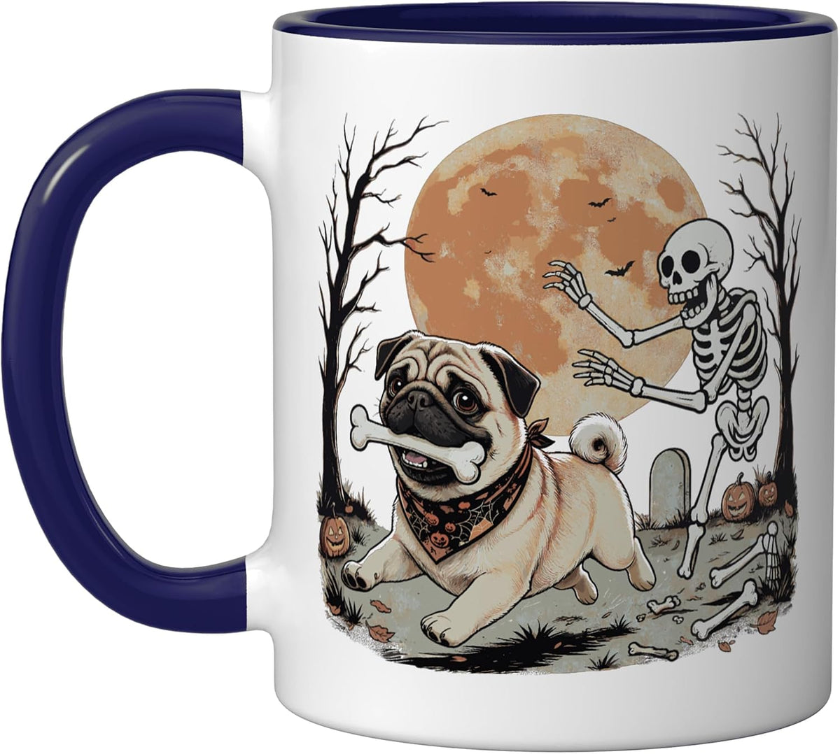 Pug Stealing Skeleton Bone Funny Halloween Dog Costume Ceramic Mug