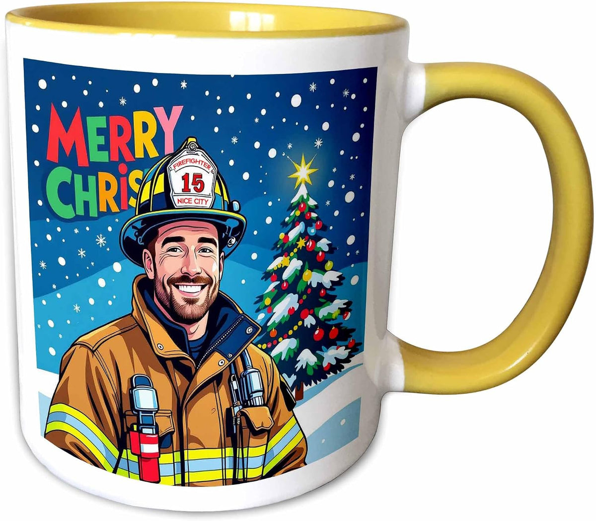 Charming Firefighter Man. Merry Christmas Ceramic Mug