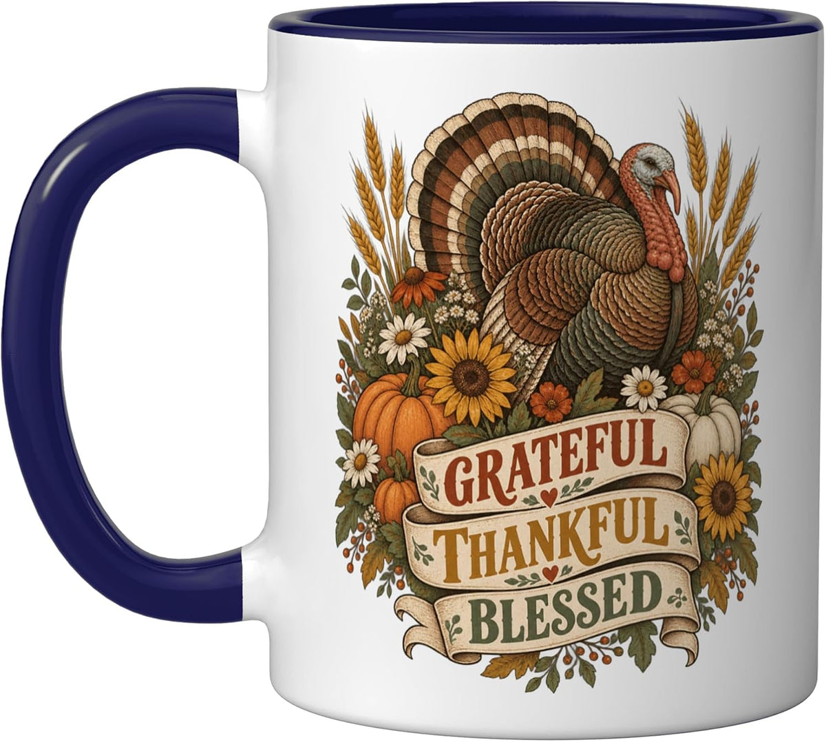 Boho Turkey Wildflowers Thanksgiving Blessed Harvest Ceramic Mug