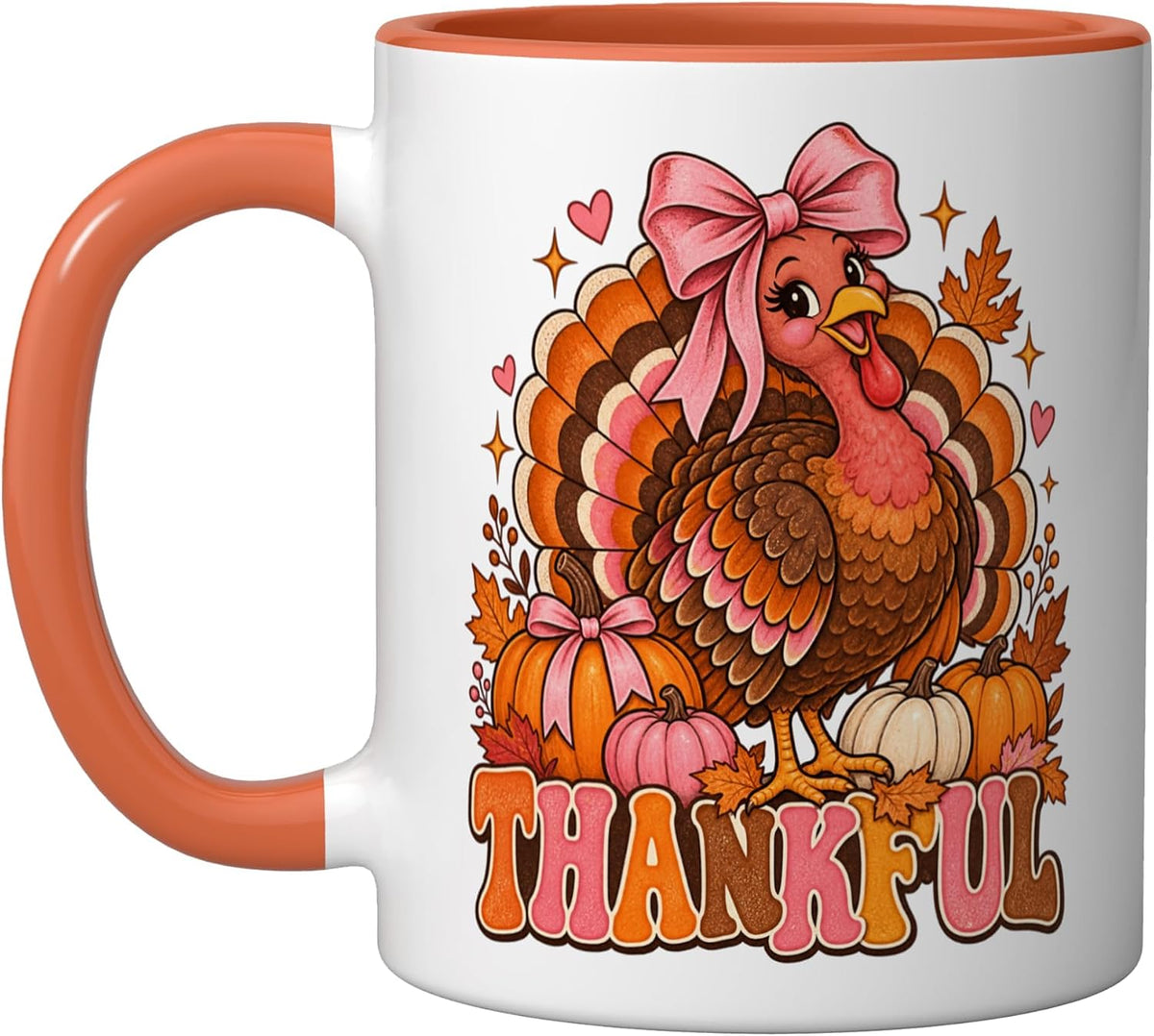Thankful Retro Turkey Pink Bow Thanksgiving Ceramic Mug