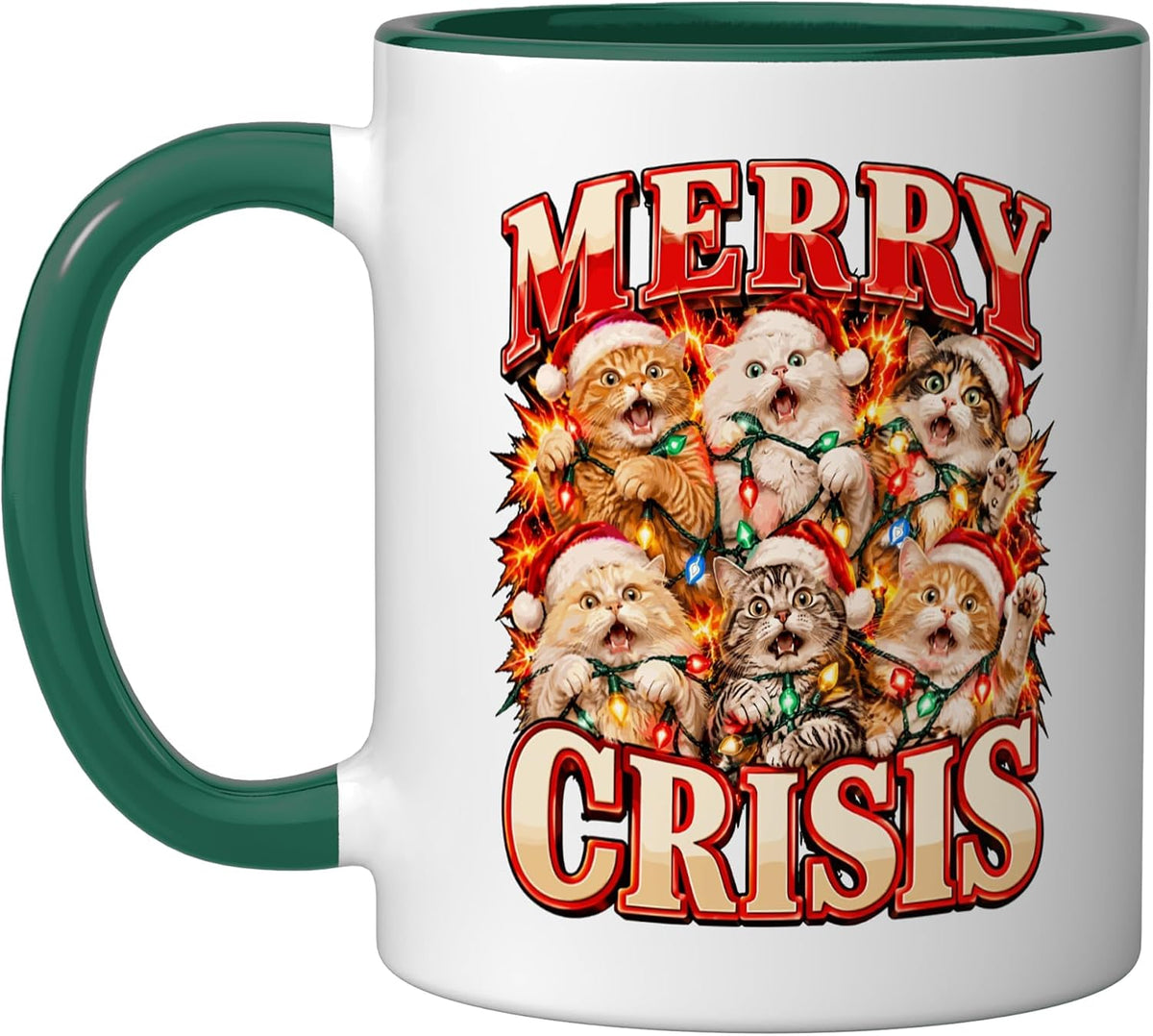Merry Crisis Funny Christmas Cats Bootleg Meme Ceramic Mug