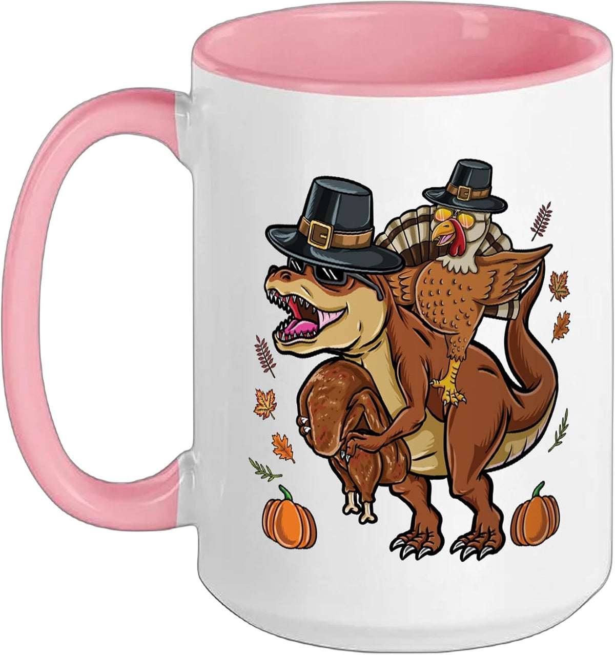 Turkey Riding Pilgrim T-Rex Thanksgiving Kids Ceramic Mug
