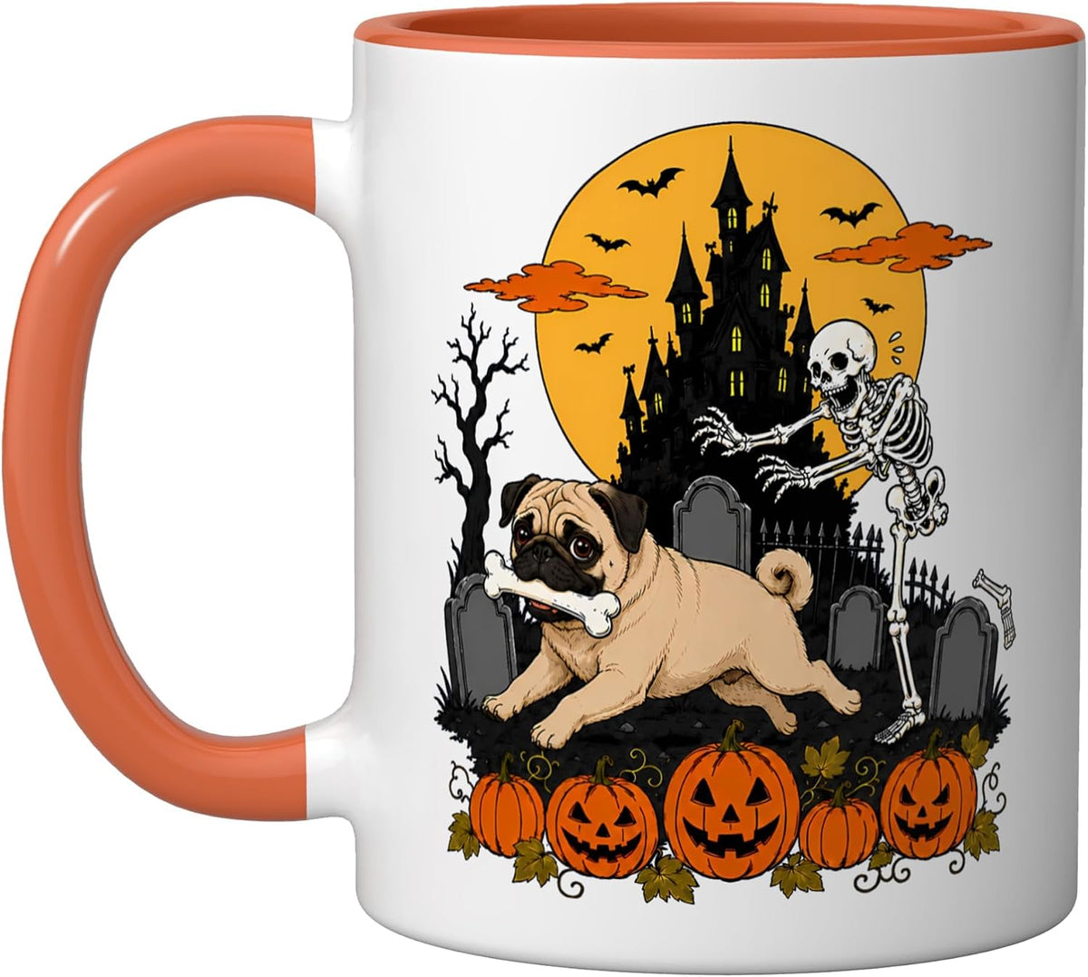 Pug Graveyard Haunted House Skeleton Halloween Ceramic Mug