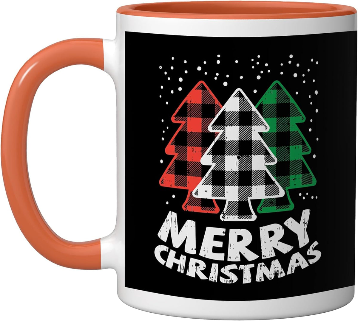 Green White Red Buffalo Plaid Merry Christmas Trees Ceramic Mug