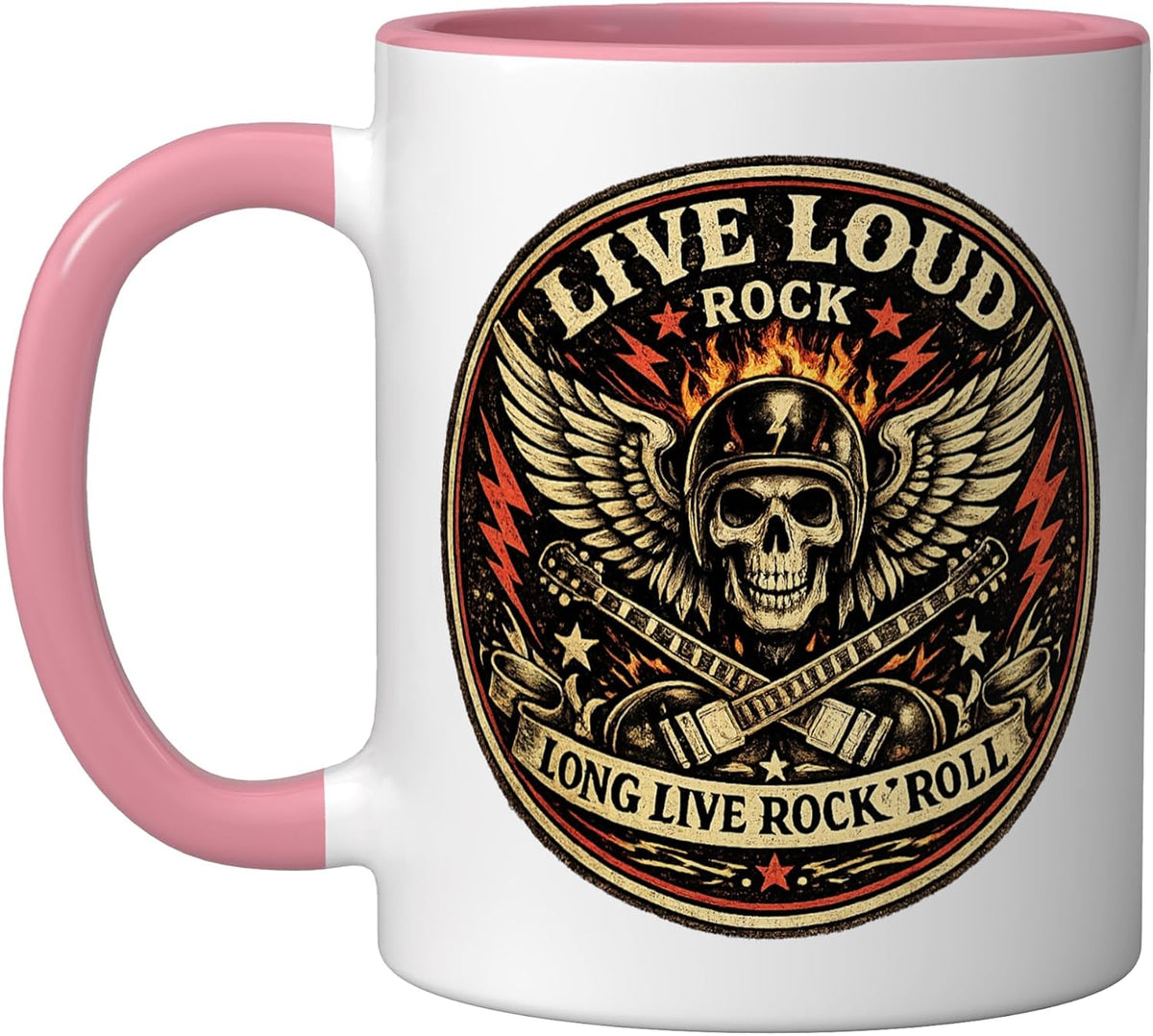 Live Loud Rock Roll Biker Skull Wings Ceramic Mug